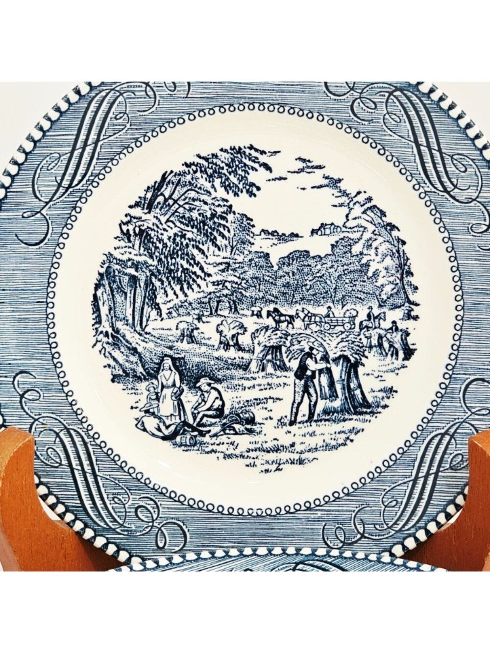 6 Currier Ives Blue Harvest Dessert Plate 5.75" Royal USA transferware ironstone - Picture 3 of 8